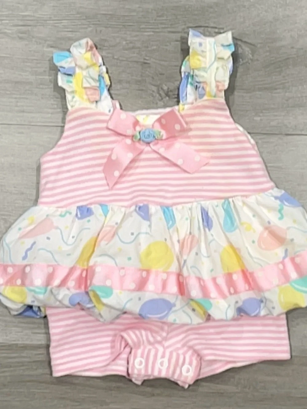 VTG 80s Baby Togs Pastel Balloon Romper Dress 12M First Birthday Pink Striped